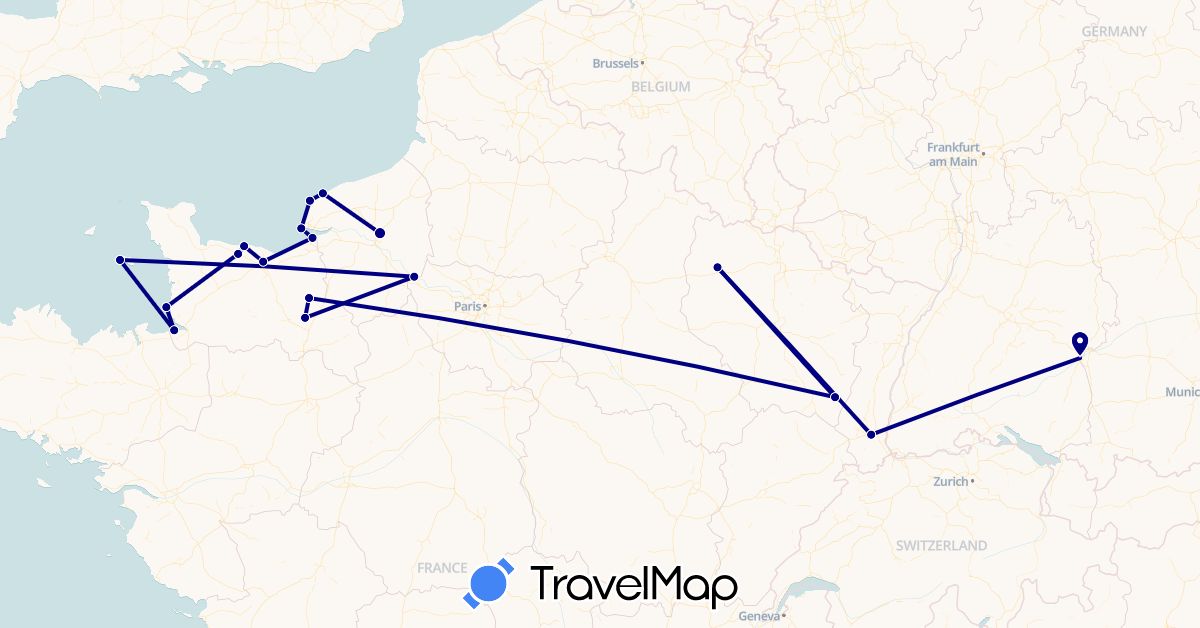TravelMap itinerary: driving in Germany, France, Jersey (Europe)